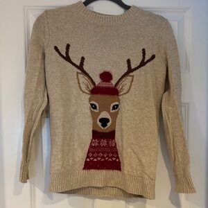 Fat Face Beige Reindeer Sweater with Red Accent